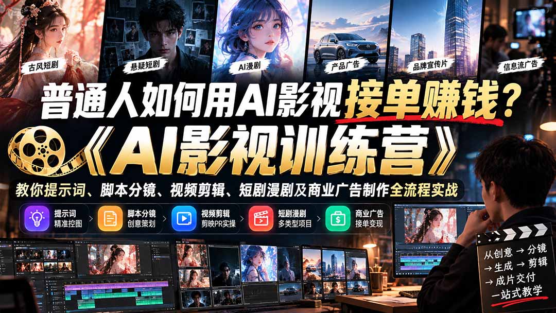 普通人如何用AI影视接单赚钱？《AI影视训练营》教你提示词、脚本分镜、视频剪辑、短剧漫剧及商业广告制作全流程实战-孔明聊项目