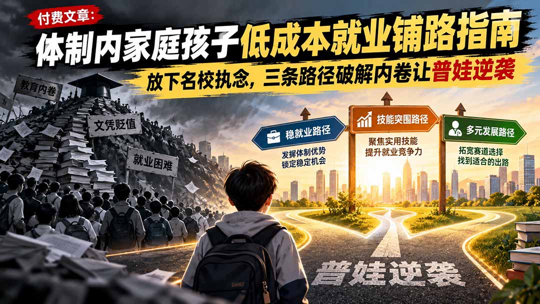 付费文章：体制内家庭孩子低成本就业铺路指南，放下名校执念，三条路径破解内卷让普娃逆袭-孔明聊项目