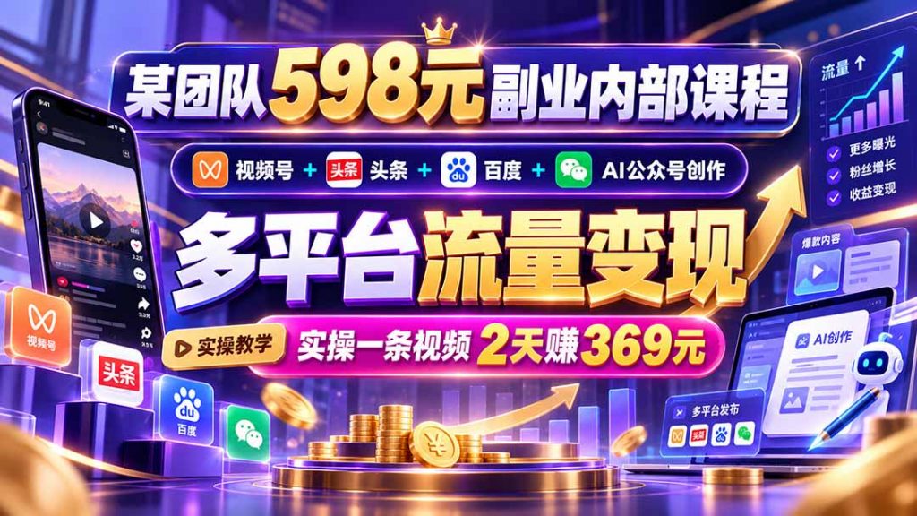 某团队598元副业内部课程：视频号+头条+百度+AI公众号创作、多平台流量变现，实操一条视频2天赚369元-孔明聊项目