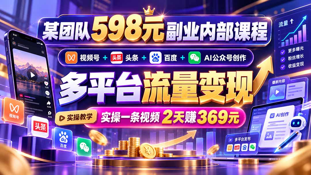 某团队598元副业内部课程：视频号+头条+百度+AI公众号创作、多平台流量变现，实操一条视频2天赚369元-孔明聊项目