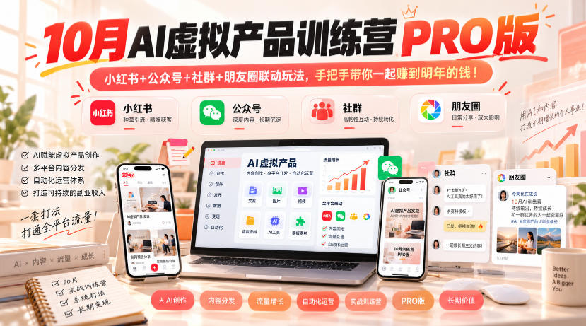10月AI虚拟产品训练营PRO版，小红书+公众号+社群+朋友圈联动玩法，手把手带你一起赚到明年的钱！(更新1029)-孔明聊项目