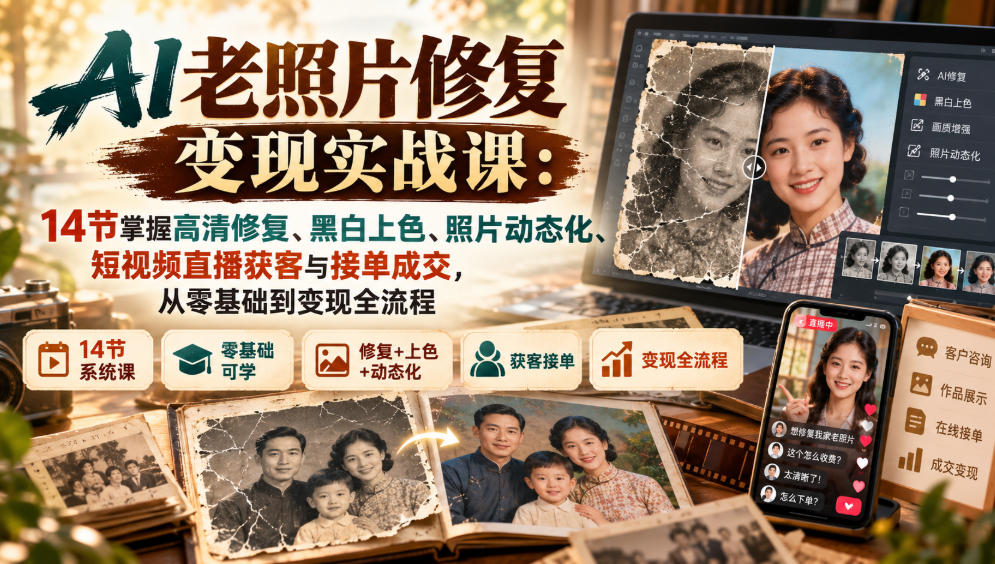 AI老照片修复变现实战课：14节掌握高清修复、黑白上色、照片动态化、短视频直播获客与接单成交，从零基础到变现全流程-孔明聊项目