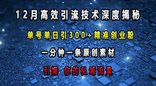 最新高效引流技术深度揭秘 ，单号单日引300+精准创业粉，一分钟一条原创素材，引爆你的私域流量-孔明聊项目