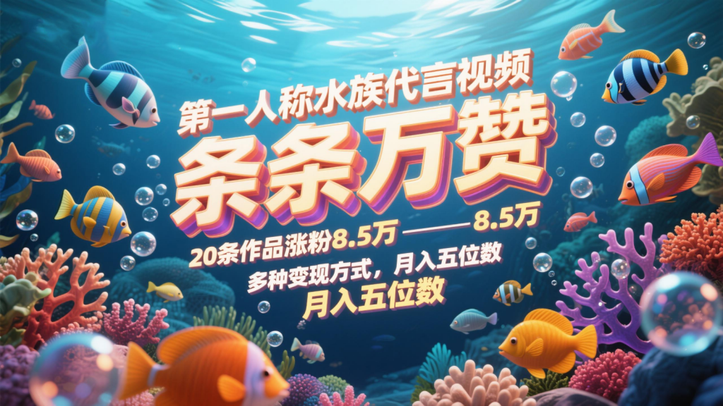 第一人称水族代言视频，条条万赞，20条作品涨粉8.5万，多种变现方式月，入五位数-孔明聊项目