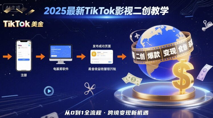 2025年最新TikTok影视二创教学,从注册到发布撸美金全流程,跨境变现新机遇-孔明聊项目