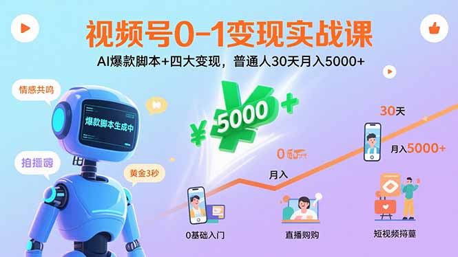 视频号0-1变现实战课：AI爆款脚本+四大变现，普通人30天月入5000+-孔明聊项目