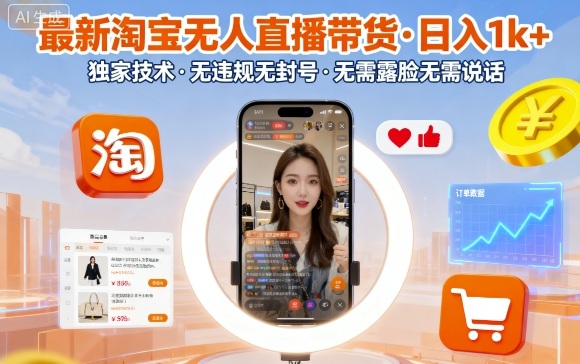 最新淘宝无人直播带货，日入1k+，独家技术，无违规无封号，无需露脸无需说话【揭秘】-孔明聊项目