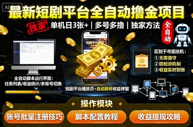 最新短剧平台全自动挂G撸金项目,单机一天3张+,多号多撸,区别于市面所有挂机项目,独家方法【揭秘】-孔明聊项目