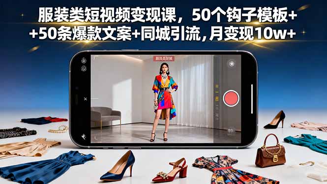 服装类短视频变现课，50个钩子模板+50条爆款文案+同城引流，月变现10w+-孔明聊项目