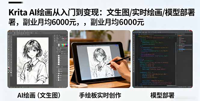 Krita AI绘画从入门到变现：文生图/实时绘画/模型部署，副业月均6000元-孔明聊项目