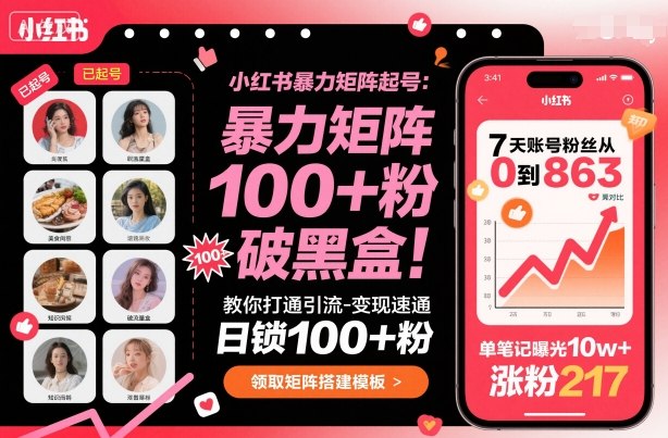 小红书暴力矩阵起号，教你打通引流-变现速通，日锁100+粉，破流量黑盒-孔明聊项目