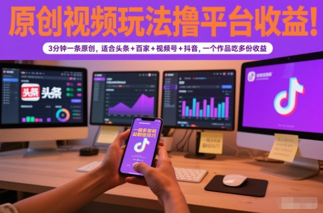 原创视频玩法撸平台收益，3分钟一条原创，适合头条+百家+视频号+抖音，一个作品吃多份收益-孔明聊项目