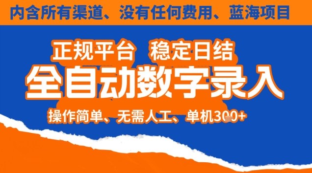 全自动数字录入，单机日入3张+，内含所有渠道全程免费零成本，操作简单可矩阵开干【揭秘】-孔明聊项目