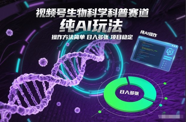 视频号生物科学科普赛道,纯AI玩法,操作方法简单,日入多张,项目稳定-孔明聊项目