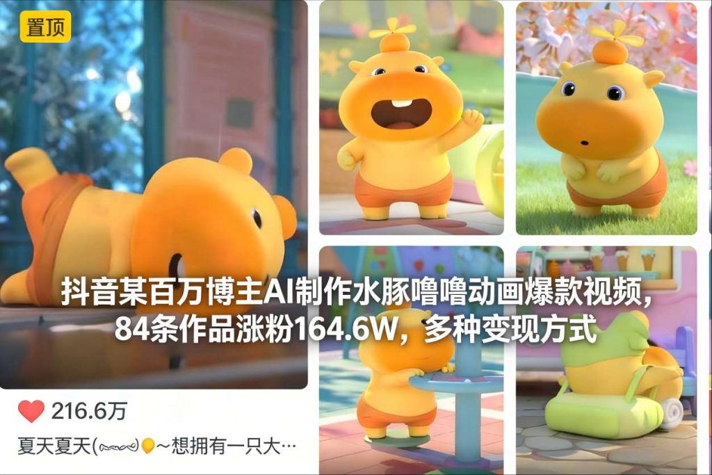 抖音某百万博主AI制作水豚噜噜动画爆款视频,84条作品涨粉164.6W,多种变现方式-孔明聊项目