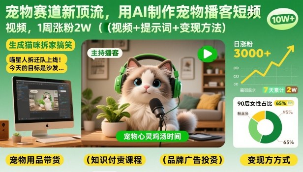 宠物赛道新顶流,用AI制作宠物播客短视频,1周涨粉2W(视频+提示词+变现方法)-孔明聊项目